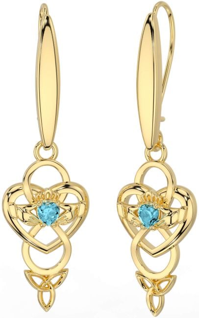 Aquamarine Gold Celtic Claddagh Infinity Trinity Knot Dangle Earrings