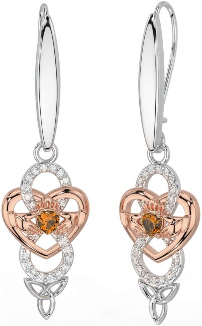 Diamond Citrine Rose Gold Silver Celtic Claddagh Infinity Trinity Knot Dangle Earrings