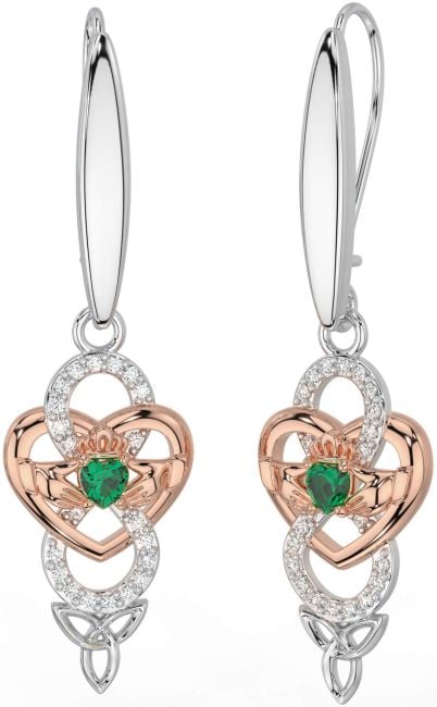 Diamond Emerald Rose Gold Silver Celtic Claddagh Infinity Trinity Knot Dangle Earrings