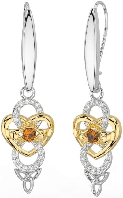 Diamond Citrine Gold Silver Celtic Claddagh Infinity Trinity Knot Dangle Earrings