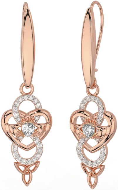 Diamond Rose Gold Silver Celtic Claddagh Infinity Trinity Knot Dangle Earrings