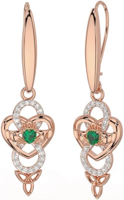 Diamond Emerald Rose Gold Silver Celtic Claddagh Infinity Trinity Knot Dangle Earrings