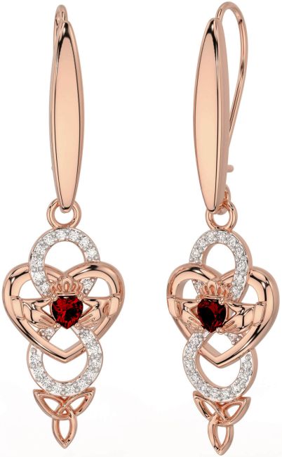 Diamond Garnet Rose Gold Silver Celtic Claddagh Infinity Trinity Knot Dangle Earrings