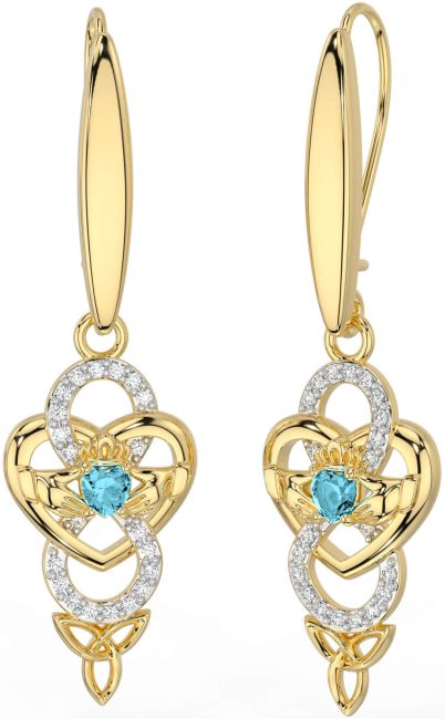 Diamond Aquamarine Gold Silver Celtic Claddagh Infinity Trinity Knot Dangle Earrings