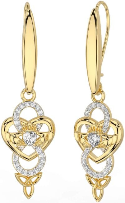 Diamond Gold Silver Celtic Claddagh Infinity Trinity Knot Dangle Earrings