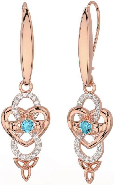 Diamond Aquamarine Rose Gold Celtic Claddagh Infinity Trinity Knot Dangle Earrings