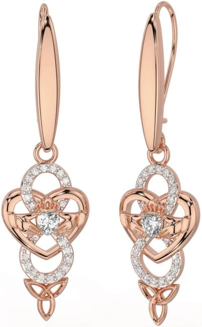 Diamond Rose Gold Celtic Claddagh Infinity Trinity Knot Dangle Earrings