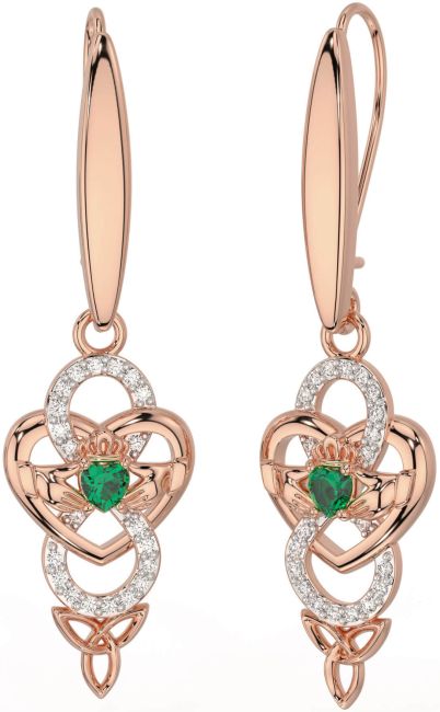 Diamond Emerald Rose Gold Celtic Claddagh Infinity Trinity Knot Dangle Earrings