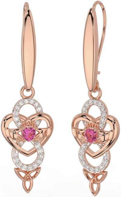 Diamond Pink Tourmaline Rose Gold Celtic Claddagh Infinity Trinity Knot Dangle Earrings