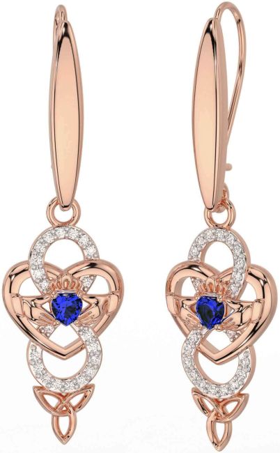 Diamond Sapphire Rose Gold Celtic Claddagh Infinity Trinity Knot Dangle Earrings