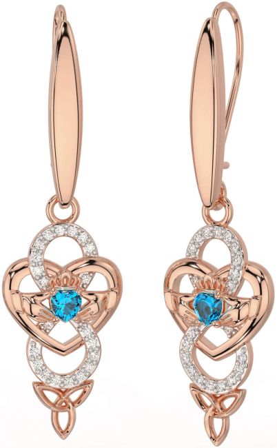 Diamond Topaz Rose Gold Celtic Claddagh Infinity Trinity Knot Dangle Earrings