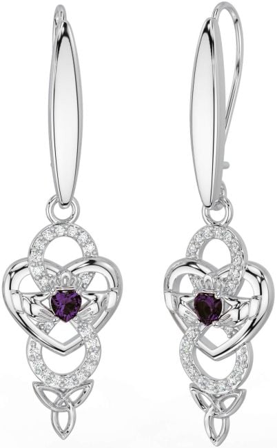 Diamond Alexandrite Silver Celtic Claddagh Infinity Trinity Knot Dangle Earrings