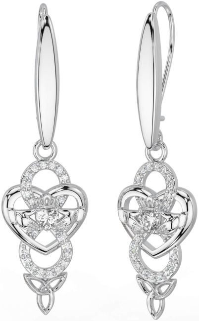 Diamond Silver Celtic Claddagh Infinity Trinity Knot Dangle Earrings