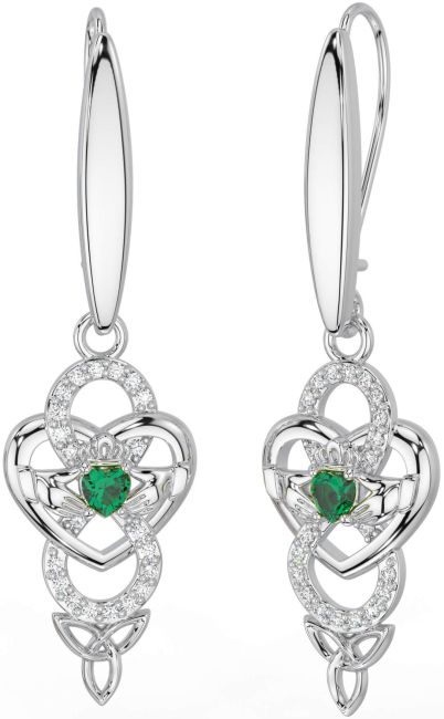 Diamond Emerald Silver Celtic Claddagh Infinity Trinity Knot Dangle Earrings