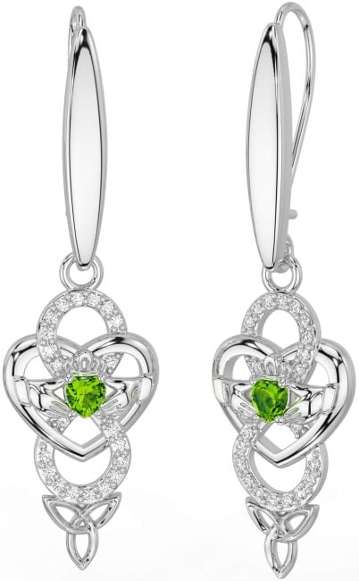 Diamond Peridot Silver Celtic Claddagh Infinity Trinity Knot Dangle Earrings