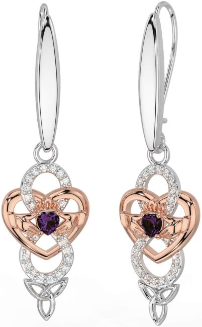 Diamond Alexandrite Rose Gold Silver Celtic Claddagh Infinity Trinity Knot Dangle Earrings