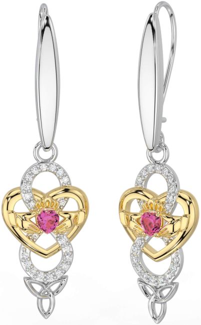 Diamond Pink Tourmaline Gold Silver Celtic Claddagh Infinity Trinity Knot Dangle Earrings
