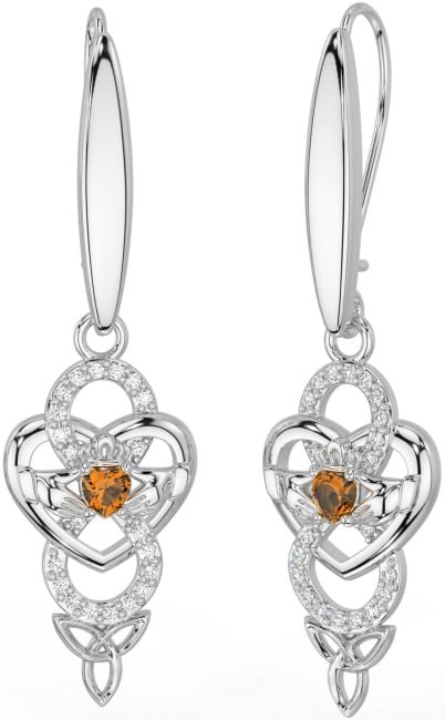 Diamond Citrine White Gold Celtic Claddagh Infinity Trinity Knot Dangle Earrings