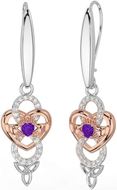 Diamond Amethyst White Rose Gold Celtic Claddagh Infinity Trinity Knot Dangle Earrings