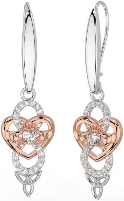 Diamante Branco Rosa Ouro céltico Claddagh Infinidade Trindade Nó Pendurar Brincos