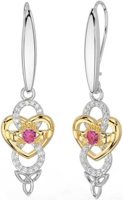 Diamond Pink Tourmaline White Yellow Gold Celtic Claddagh Infinity Trinity Knot Dangle Earrings