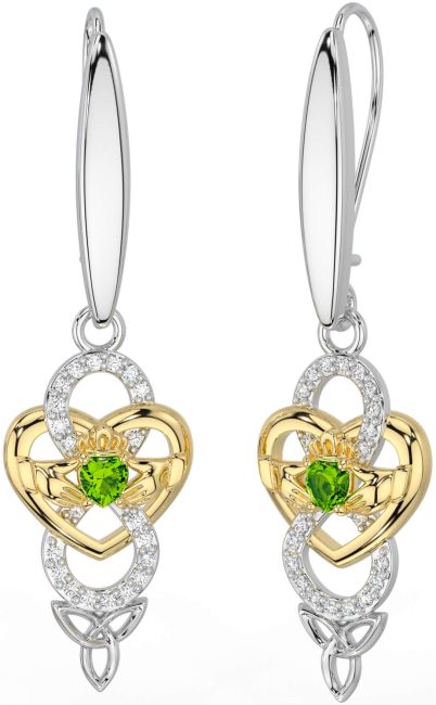 Diamant Peridot Vit Gul Guld Keltiskt Claddagh Oändlighet Treenighet Knut Dingla Örhängen