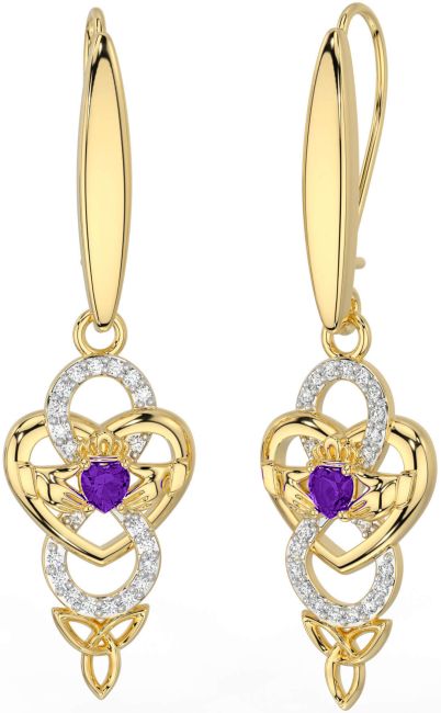 Diamond Amethyst Gold Celtic Claddagh Infinity Trinity Knot Dangle Earrings