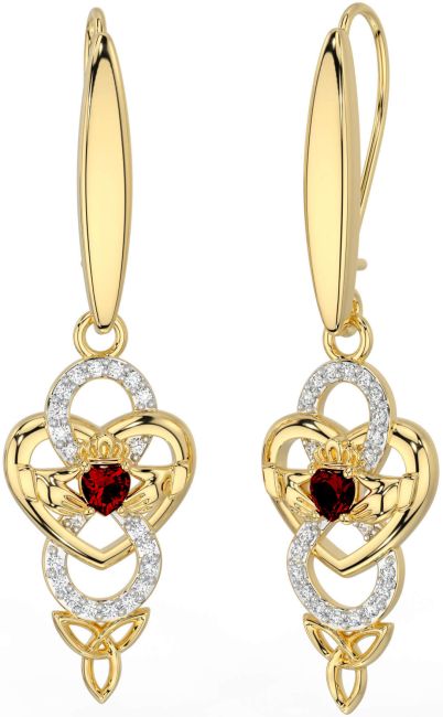 Diamond Garnet Gold Celtic Claddagh Infinity Trinity Knot Dangle Earrings