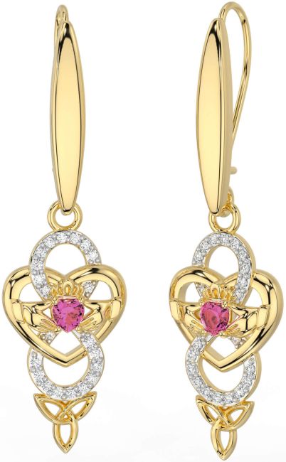 Diamond Pink Tourmaline Gold Celtic Claddagh Infinity Trinity Knot Dangle Earrings