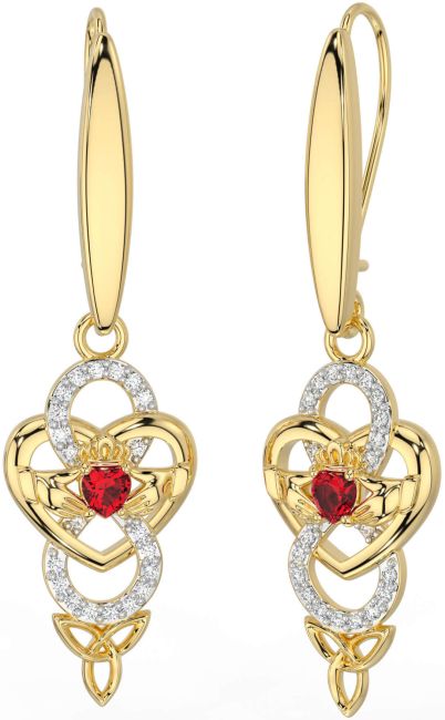 Diamond Ruby Gold Celtic Claddagh Infinity Trinity Knot Dangle Earrings