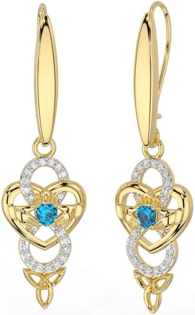 Diamond Topaz Gold Celtic Claddagh Infinity Trinity Knot Dangle Earrings