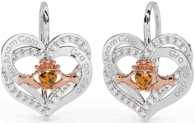 Diamant Citrin Rose Gold Silber irisch Mein Seelenverwandter irisch Liebe für immer Claddagh Herz Baumeln Ohrringe