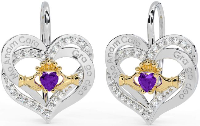 Diamant Améthyste Or Argent irlandais Mon âme sœur irlandais Amour pour toujours Claddagh Cœur Pendre Des boucles d'oreilles