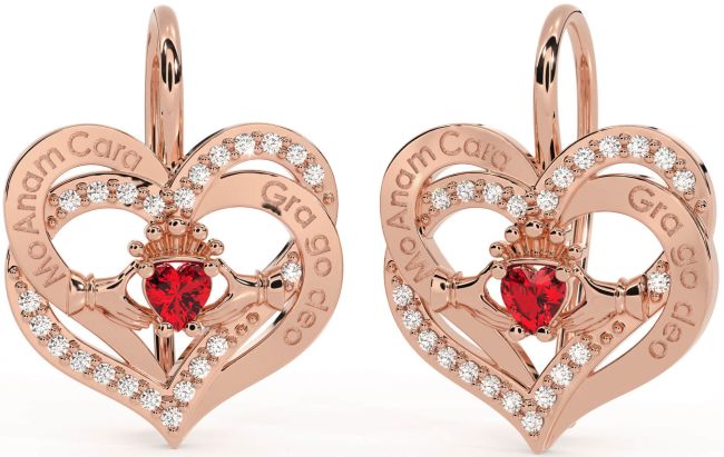 Diamant Rubin Rose Gold irisch Mein Seelenverwandter irisch Liebe für immer Claddagh Herz Baumeln Ohrringe