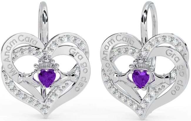 Diamante Amatista Plata irlandesa Mi alma gemela irlandesa Amar por siempre Claddagh Corazón Colgar Pendientes