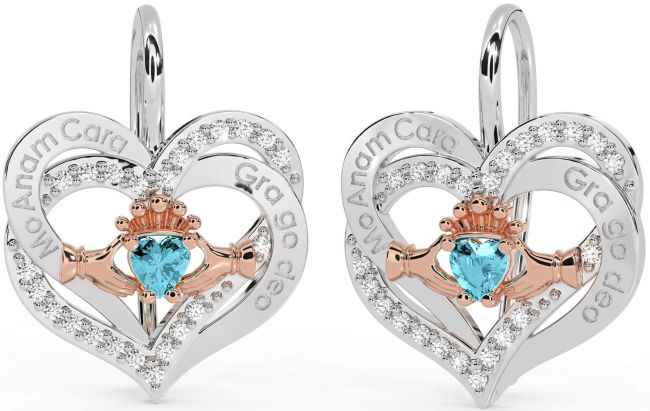 Diamant Aquamarin Rose Gold Silber irisch Mein Seelenverwandter irisch Liebe für immer Claddagh Herz Baumeln Ohrringe