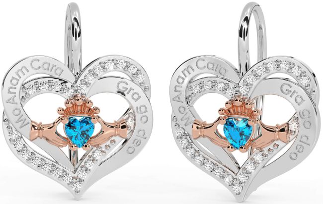 Trandafir de topaz diamant Aur argint irlandez Sufletul meu pereche irlandez Cercei Love Forever Claddagh Heart Dangle