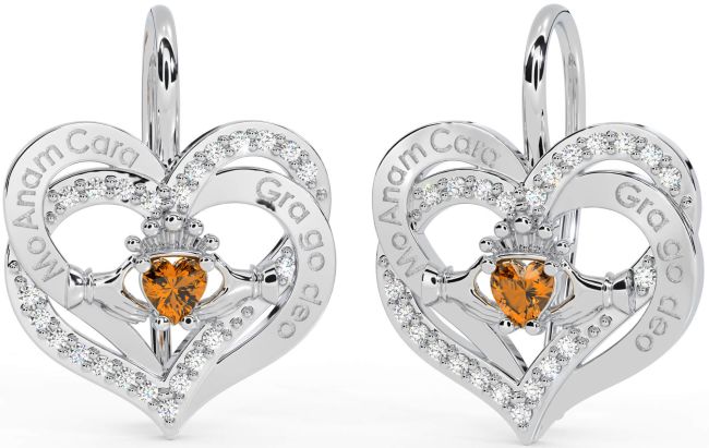 Diamant Citrine Blanc Or irlandais Mon âme sœur irlandais Amour pour toujours Claddagh Cœur Pendre Des boucles d'oreilles