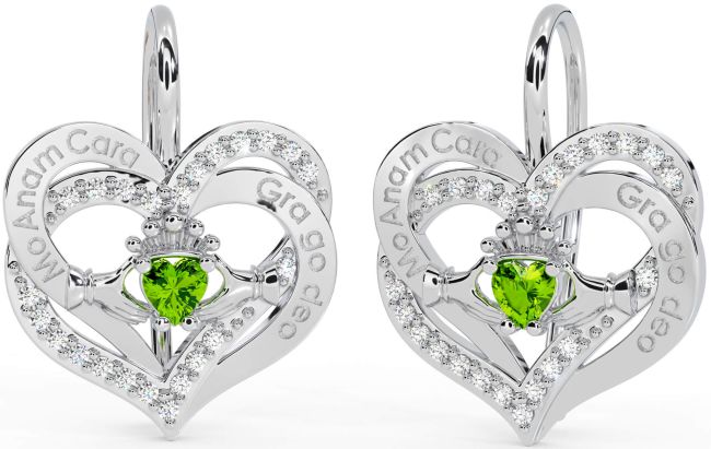 Diamant Peridot Vit Guld irländska Min själsfrände irländska Kärlek för alltid Claddagh Hjärta Dingla Örhängen