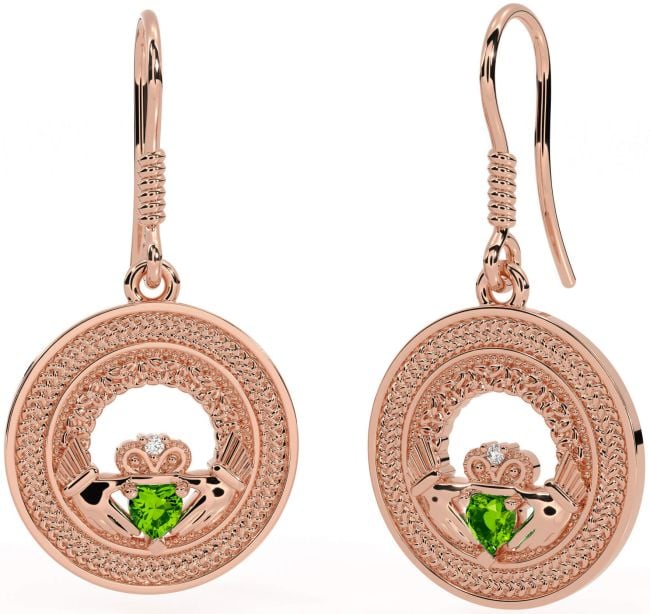 Peridot Rose Gold Celtic Claddagh Trinity Knot Dangle Earrings