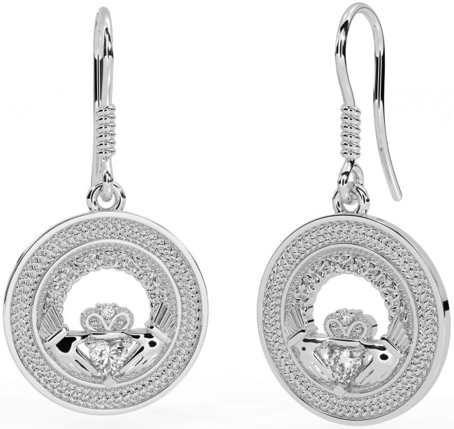 Diamond Silver Celtic Claddagh Trinity Knot Dangle Earrings