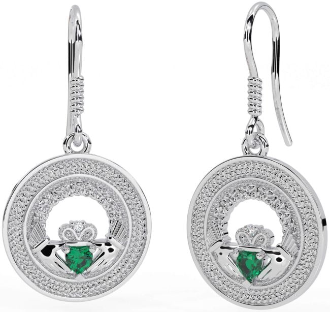 Emerald Silver Celtic Claddagh Trinity Knot Dangle Earrings