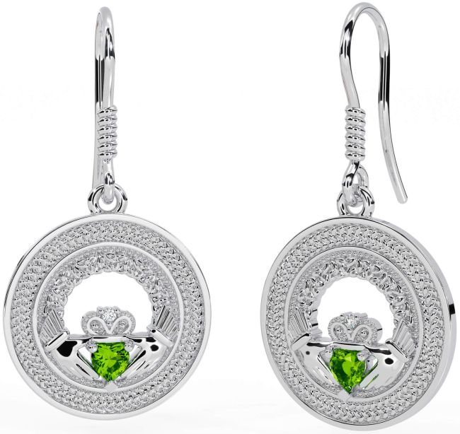 Peridot Silver Celtic Claddagh Trinity Knot Dangle Earrings