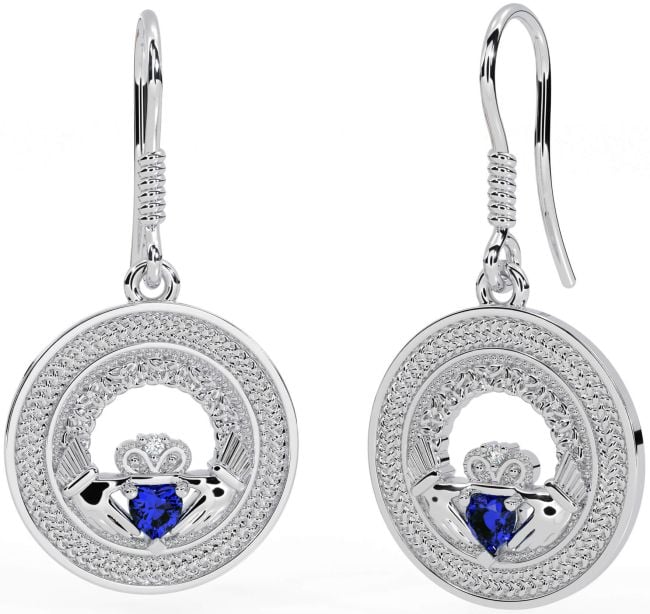 Sapphire Silver Celtic Claddagh Trinity Knot Dangle Earrings