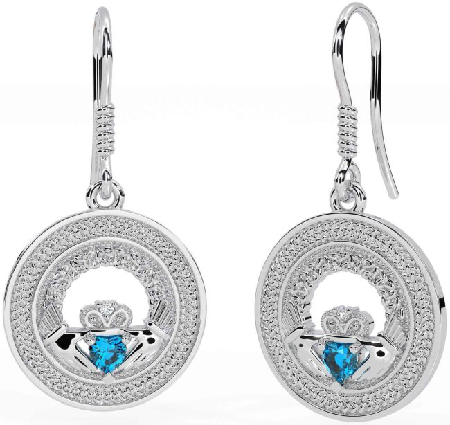Topaz Silver Celtic Claddagh Trinity Knot Dangle Earrings