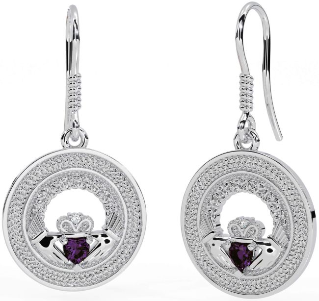 Alexandrite White Gold Celtic Claddagh Trinity Knot Dangle Earrings