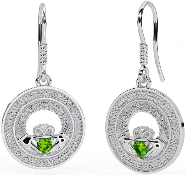 Peridot White Gold Celtic Claddagh Trinity Knot Dangle Earrings