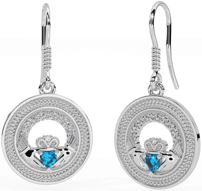 Topaz White Gold Celtic Claddagh Trinity Knot Dangle Earrings