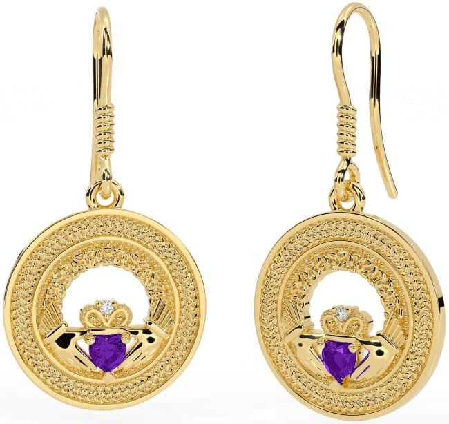 Amethyst Gold Celtic Claddagh Trinity Knot Dangle Earrings