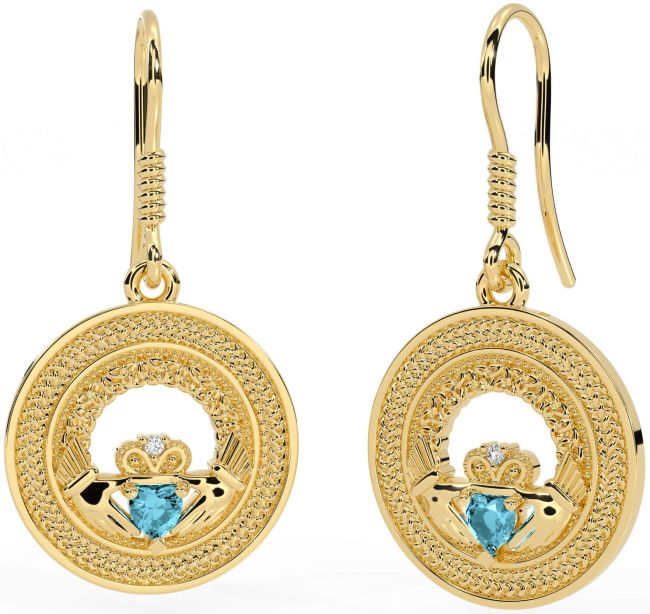 Aquamarine Gold Celtic Claddagh Trinity Knot Dangle Earrings